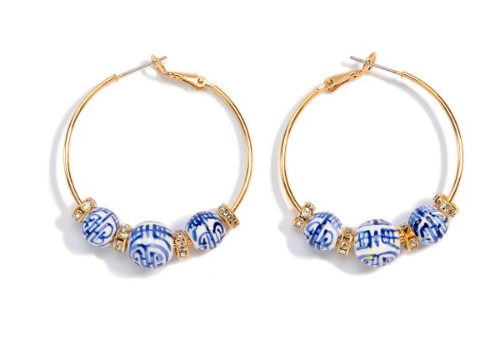 Gold and Blue Beaded Hoops